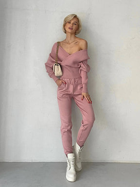Conjunto Canelado Ombro a Ombro com Calça de Cós Ajustável – Olivia