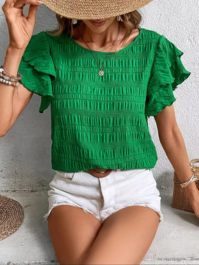 Blusa Texturizada com Babados nas Mangas e Gola Redonda – Sofia