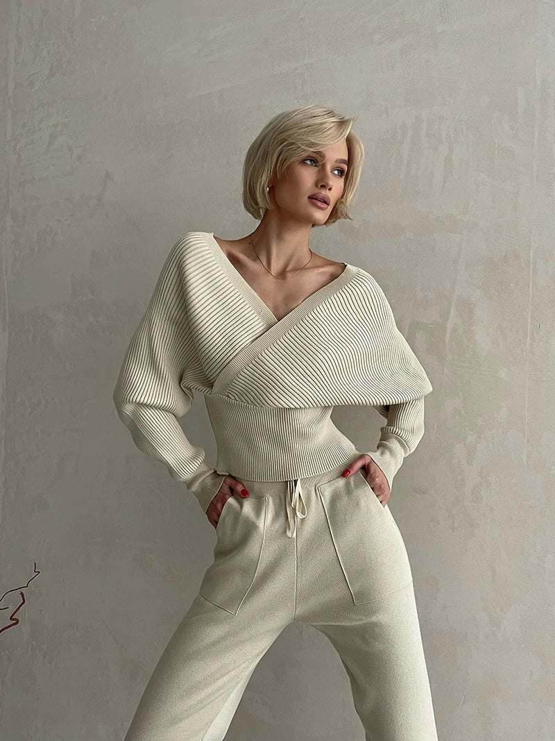 Conjunto Canelado Ombro a Ombro com Calça de Cós Ajustável – Olivia