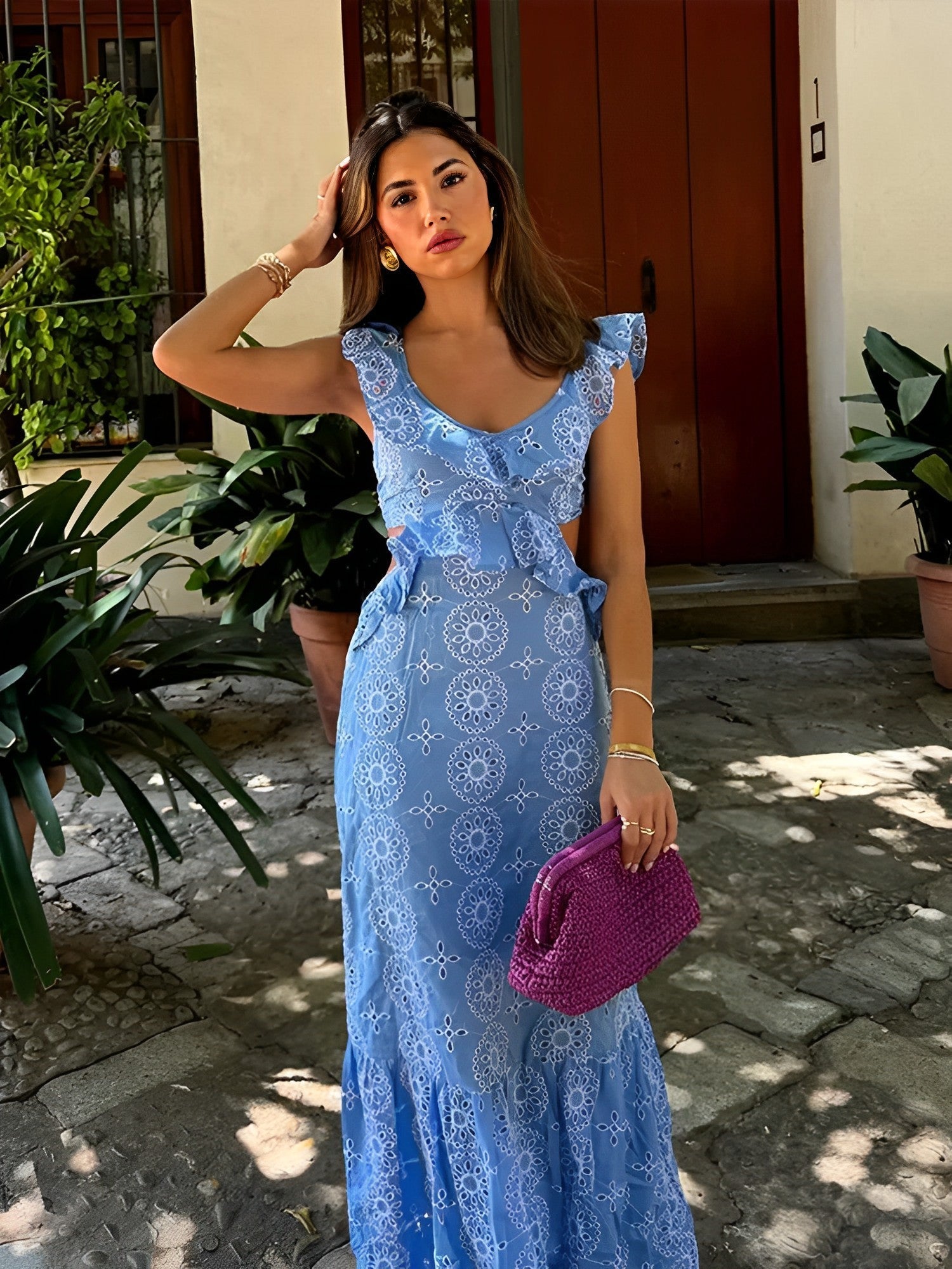 Vestido Longo Laise Recortes na Cintura e Babados - Catarina