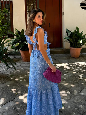 Vestido Longo Laise Recortes na Cintura e Babados - Catarina