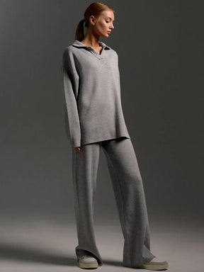 Conjunto com Suéter Gola Polo e Calça Flare Cintura Elástica - Isis