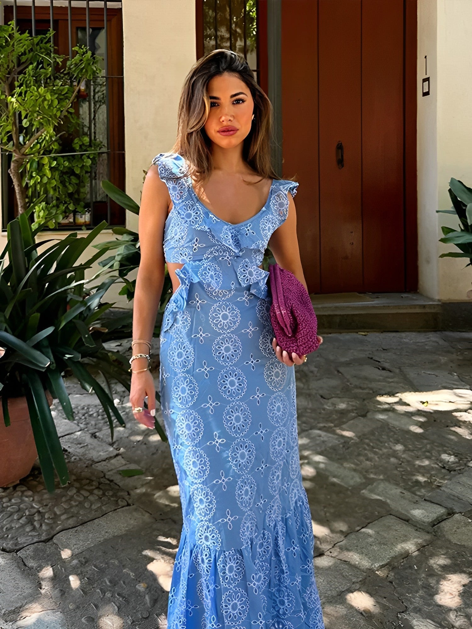 Vestido Longo Laise Recortes na Cintura e Babados - Catarina