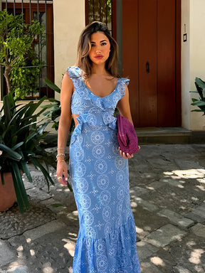 Vestido Longo Laise Recortes na Cintura e Babados - Catarina